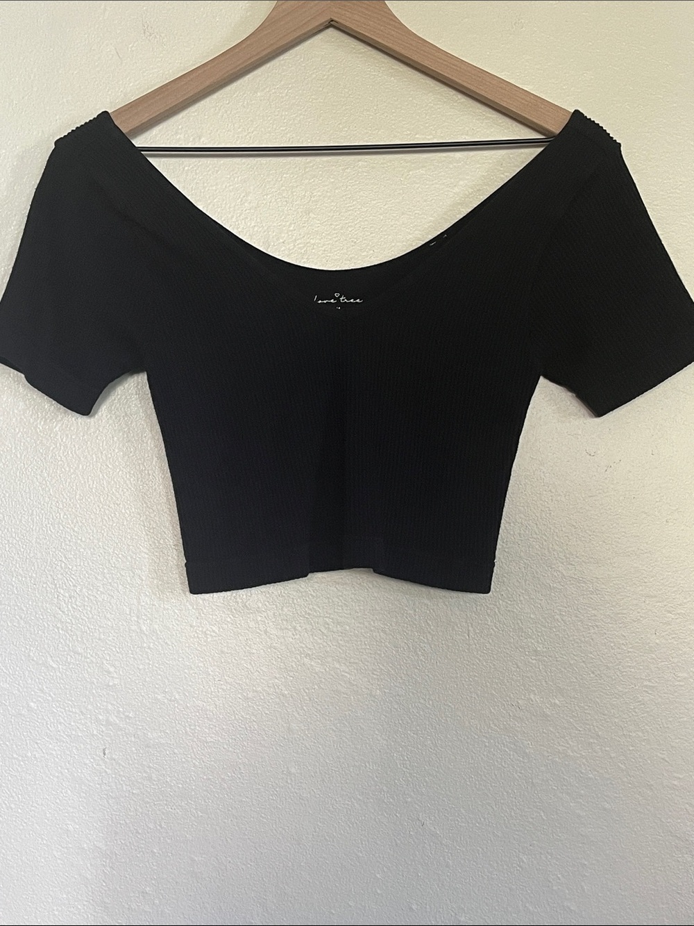 Love Tree Black Ribbed Off-Shoulder Crop Top